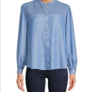 Time and Tru Smocked Button Front Top Blouse Shirt Large